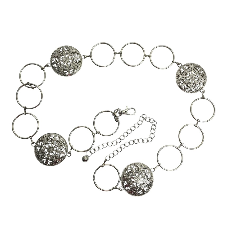 New Round metal concho chain belt Sliver Tone western boho tooled cowgirl floral